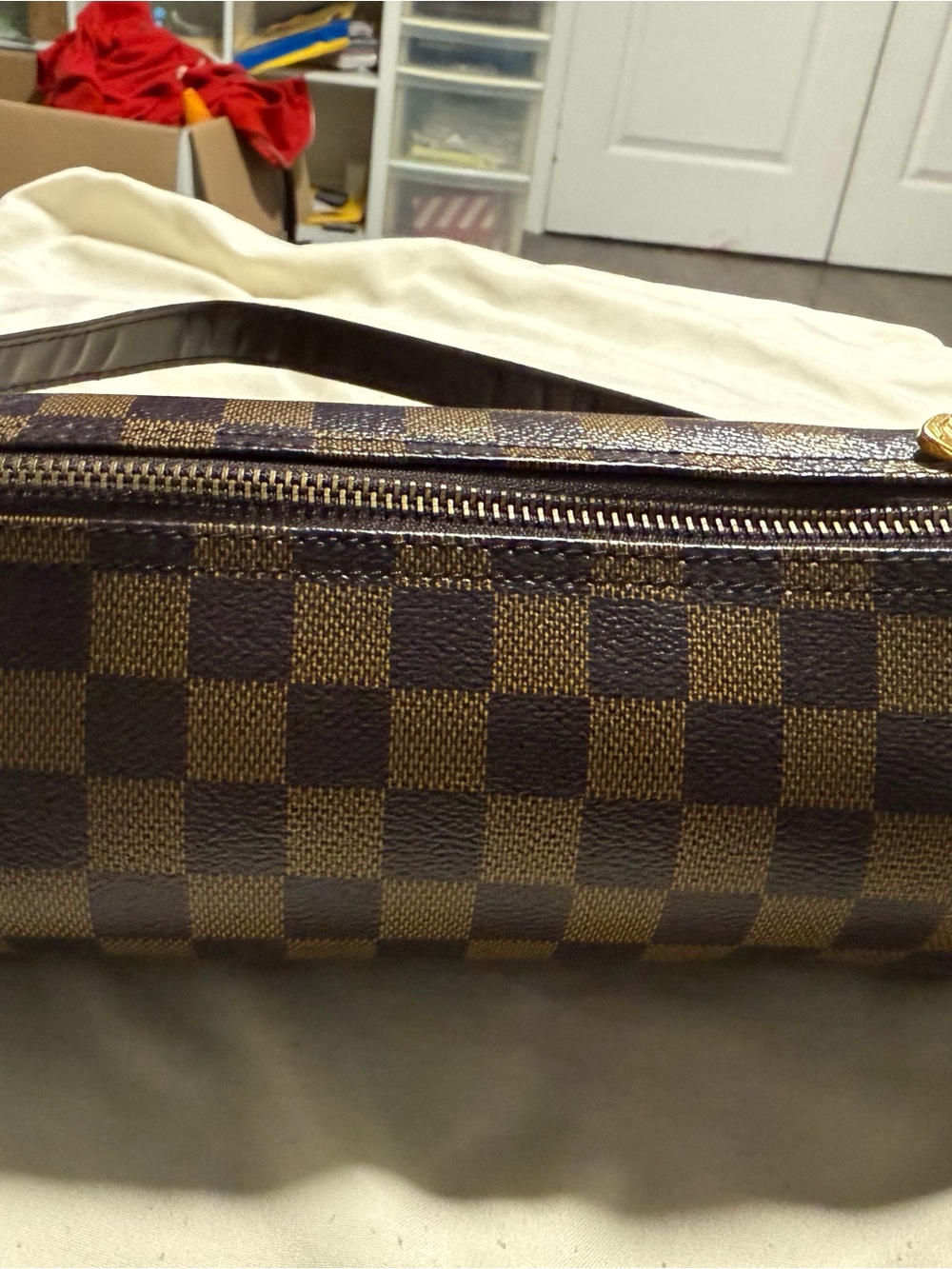 Men's Brown Checkered Zip-Top Shoulder Bag